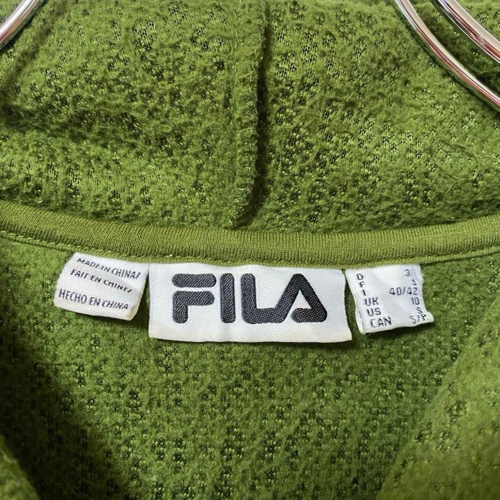 古着 used FILA フィラ 長袖フリースジャケット ハーフジップパーカー プルオーバー ロゴワッペン 緑 グリーン Sサイズ