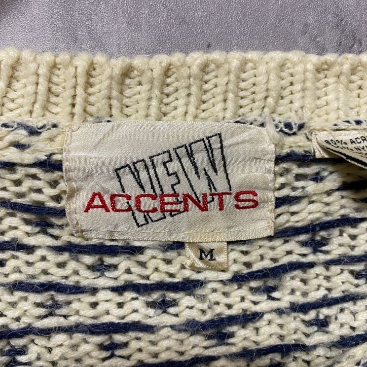 古着 used NEW ACCENTS 長袖ノルディック柄ニット 厚手セーター 白 ホワイト 青 マトンスリーブ Mサイズ