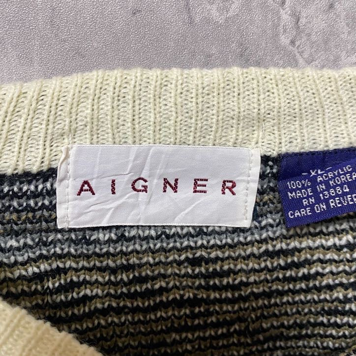 ~90s AIGNER アイグナー 総柄デザインニット セーター 幾何学模様 マルチカラー XLサイズ