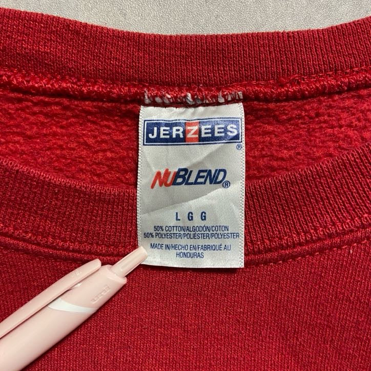 古着 used JERZEES 長袖プリントスウェット トレーナー クルーネック CABELLMIDLAND 赤 レッド Lサイズ