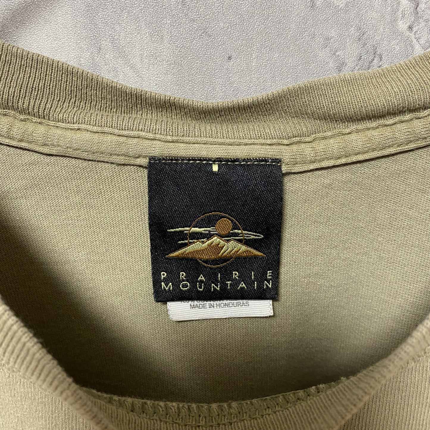 古着 used PRAIRIE MOUNTAIN 半袖クルーネックプリントシャツ ROUTE66 レトロ ベージュ Lサイズ