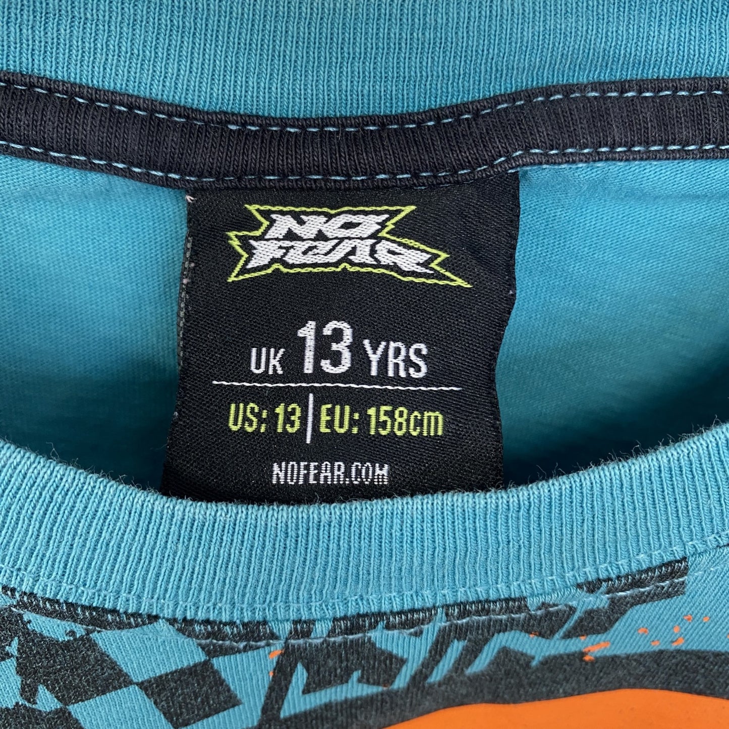 古着 used NO FEAR ノーフィア 半袖プリントTシャツ クルーネック レトロデザイン バイク 水色 ブルー
