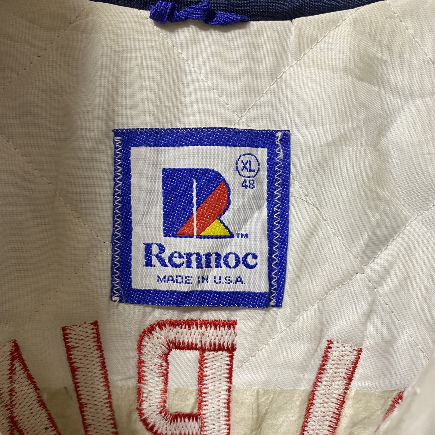 古着 used USA製 RENNOC 長袖ジップアップブルゾン 刺繍ジャンパー サッカー 紺 白 ビッグシルエット XLサイズ