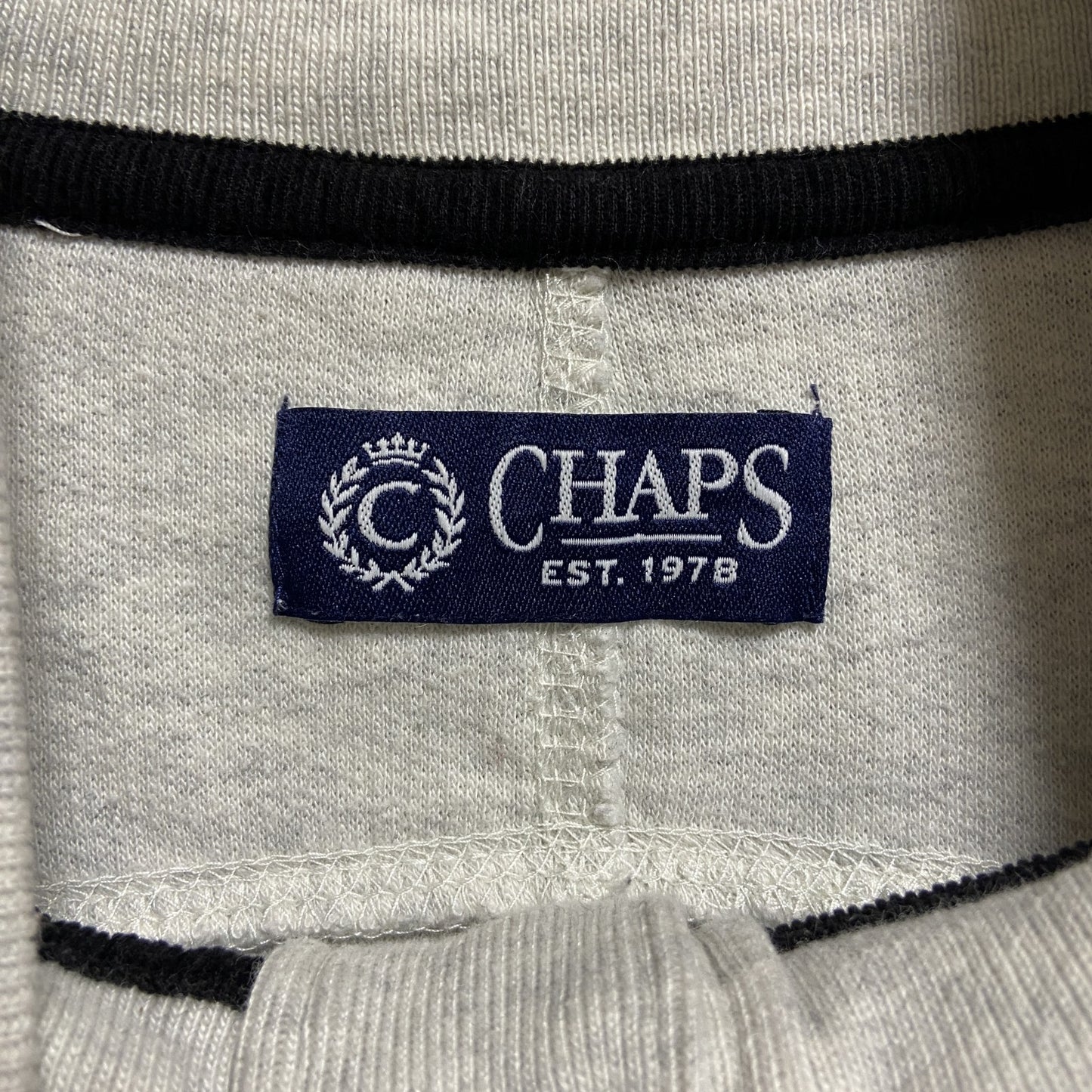 古着 used CHAPS チャップス 長袖ハーフボタン表起毛スウェット トレーナー ボーダー ハイネック 白 ホワイト Lサイズ