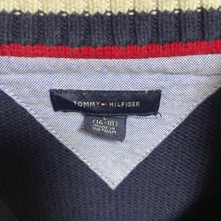古着 used TOMMY HILFIGER トミーヒルフィガー 長袖ハーフジップニット セーター ロゴ刺繍 ネイビー Sサイズ
