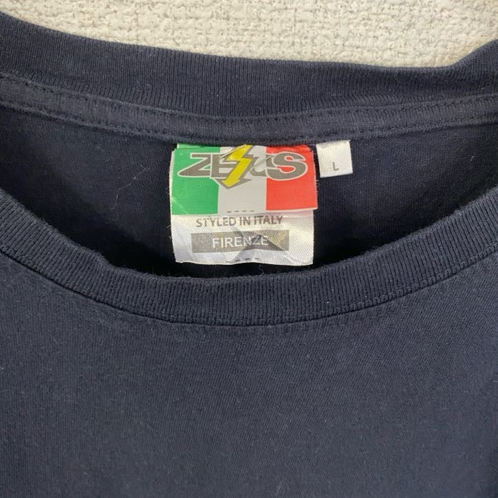 古着 used 半袖刺Tシャツ ITALIA イタリア 国旗 クルーネック レトロデザイン 紺 ネイビー Lサイズ