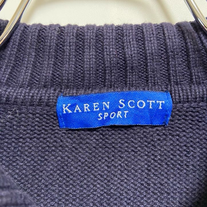 古着 used KARENSCOTT 長袖ジップアップニット セーター アメリカ 国旗 星条旗 刺繍ワッペン ネイビー