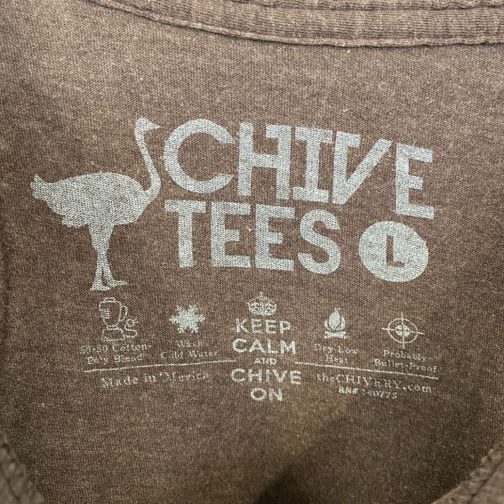 古着 used CHIVE TEES 半袖プリントTシャツ 鶏 カウガール レトロデザイン クルーネック 茶 ブラウン Lサイズ