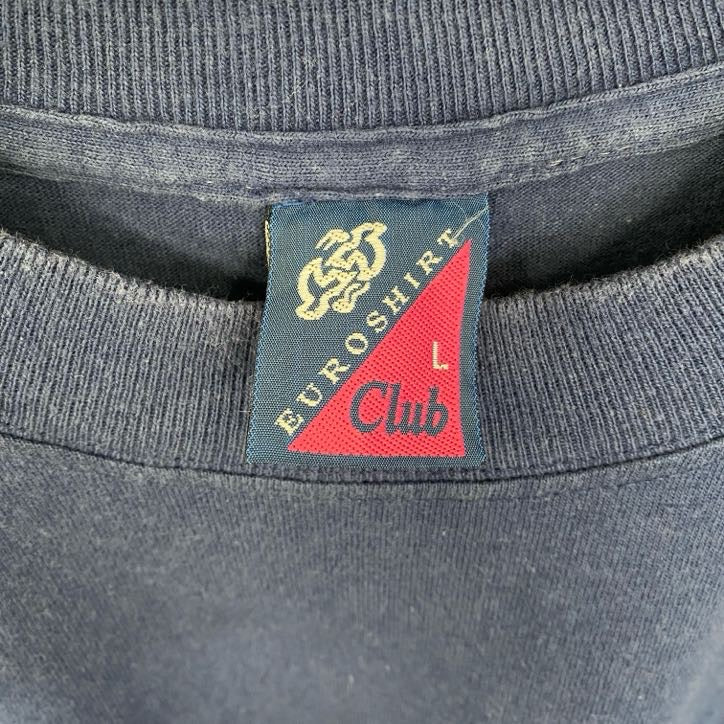 古着 used 半袖バックプリントTシャツ ワンポイントロゴ 国旗 クルーネック レトロデザイン 紺 ネイビー Lサイズ