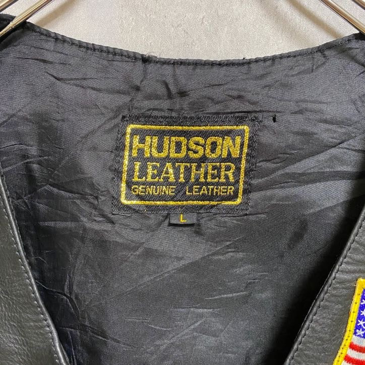 古着 used HUDSON LEATHER ハドソンレザー レザーベスト 本革 バイカー 黒 ブラック ワッペン Lサイズ