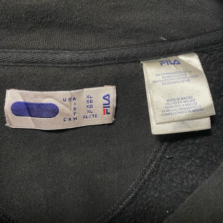 古着 used FILA フィラ 長袖ハーフジップワンポイントロゴ刺スウェット パーカー ハイネック 黒 XLサイズ