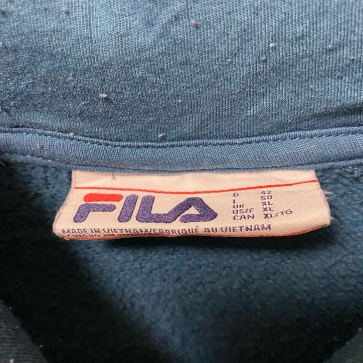 古着 used FILA フィラ 長袖ワンポイントロゴ刺繡デザインパーカー フーディースウェット ブルー XXLサイズ