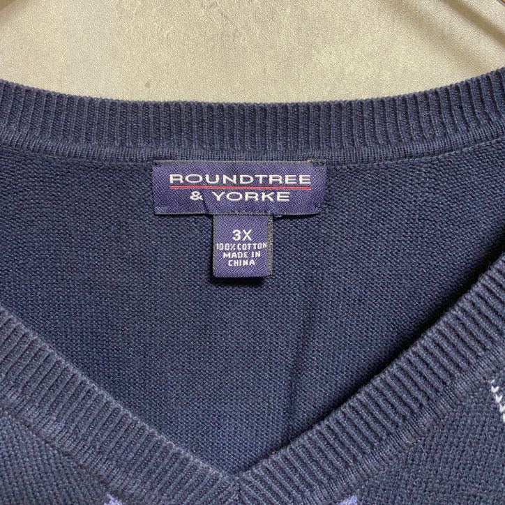 古着 used ROUNDTREE&YORKE アーガイルニットベスト セーター Vネック オーバーサイズ 紺 XXXLサイズ