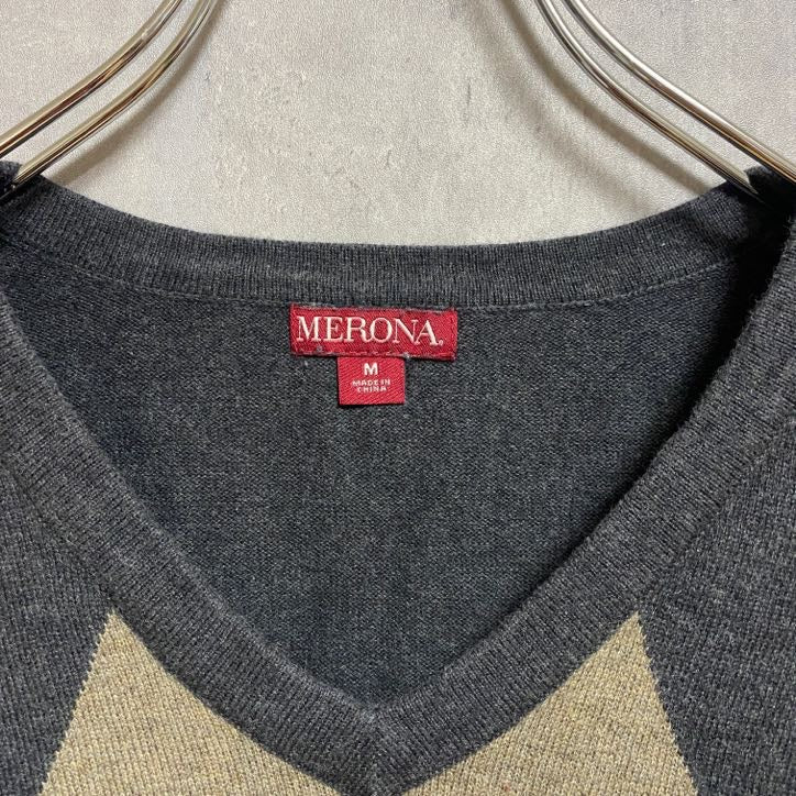 古着 used MELONA メローナ アーガイルニットベスト セーター Vネック グレー メンズ 秋冬服 Mサイズ