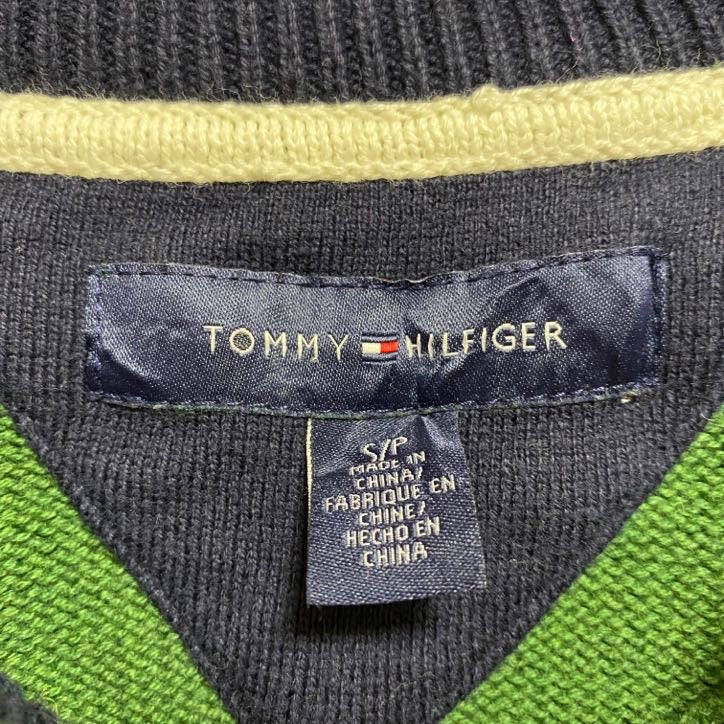 古着 used TOMMYHILFIGER トミーヒルフィガー 長袖ボーダー柄ニット セーター ワンポイント刺 緑 Sサイズ