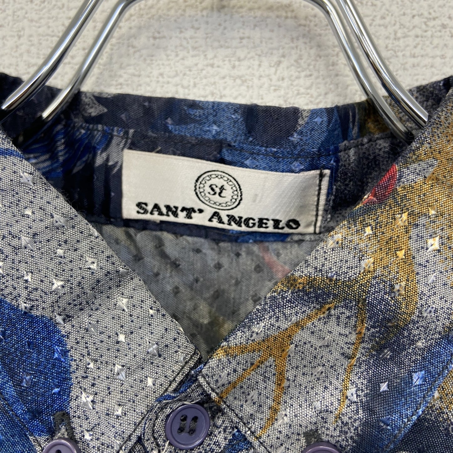 古着 used SANT ENGELO 長袖プリント柄シャツ 鳥 羽 光沢感 総柄 レトロ カジュアルデザイン シルバー Lサイズ