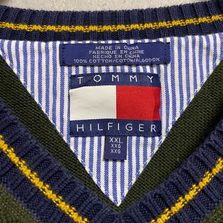古着 used 90s TOMMYHILFIGER トミーヒルフィガー Vネックニットベスト 刺繍 緑 ヴィンテージ XXLサイズ