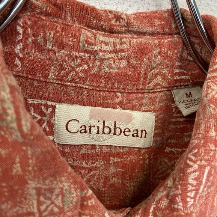 古着 used Caribbean 半袖プリント柄シャツ 胸ポケット レトロデザイン カジュアル 壁画 アロハ 民族 赤 Mサイズ