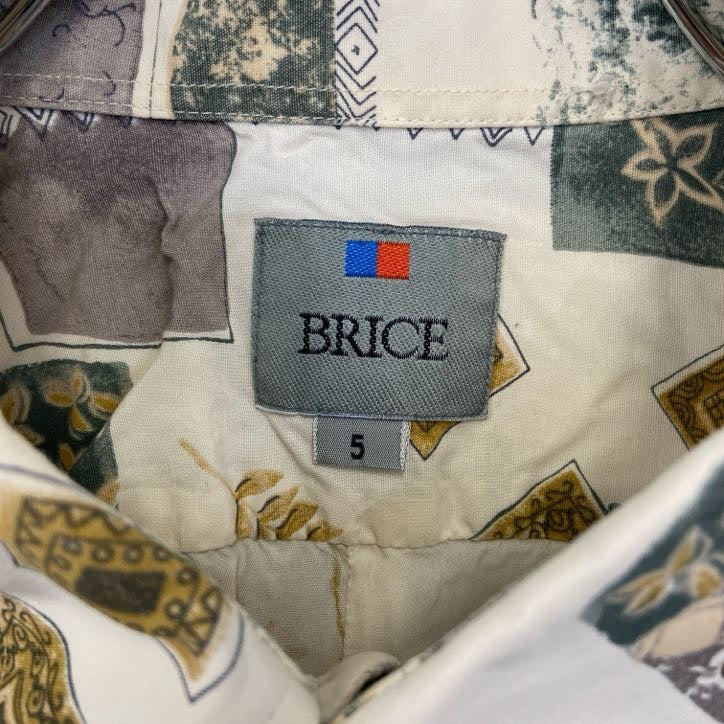 古着 used BRICE 半袖プリント総柄シャツ レトロデザイン 幾何学模様 アメカジ アート柄 リーフ 緑 グリーン