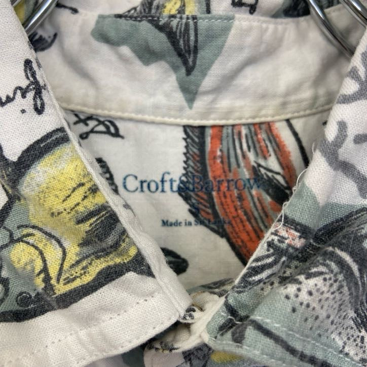 古着 used Croft&Barrow 半袖プリント総柄シャツ レトロデザイン 魚 アロハ 胸ポケット 白 ホワイト