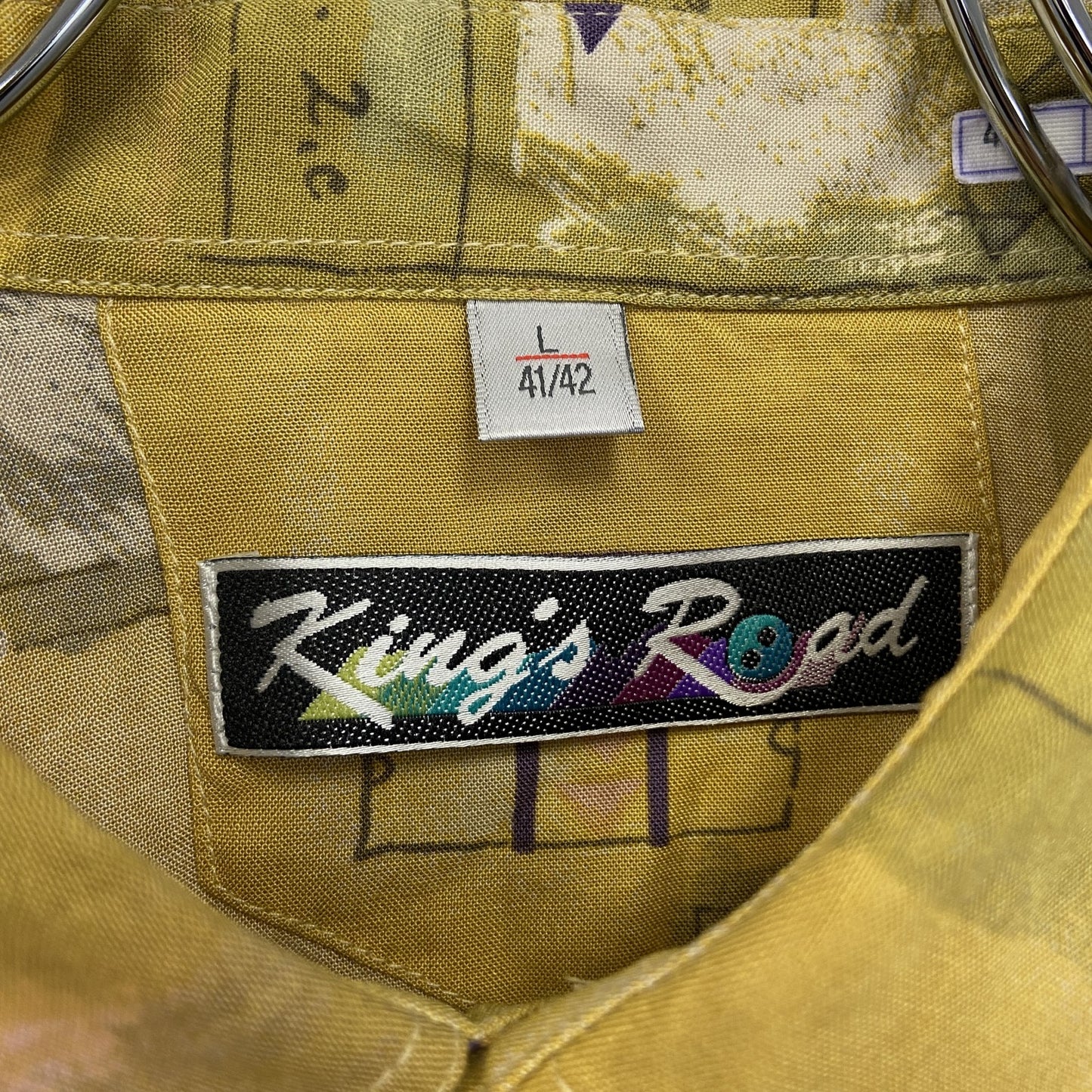 古着 used King's Road キングス ロード 長袖柄シャツ 総柄 胸ポケット 襟付き カジュアル 黄色 Lサイズ