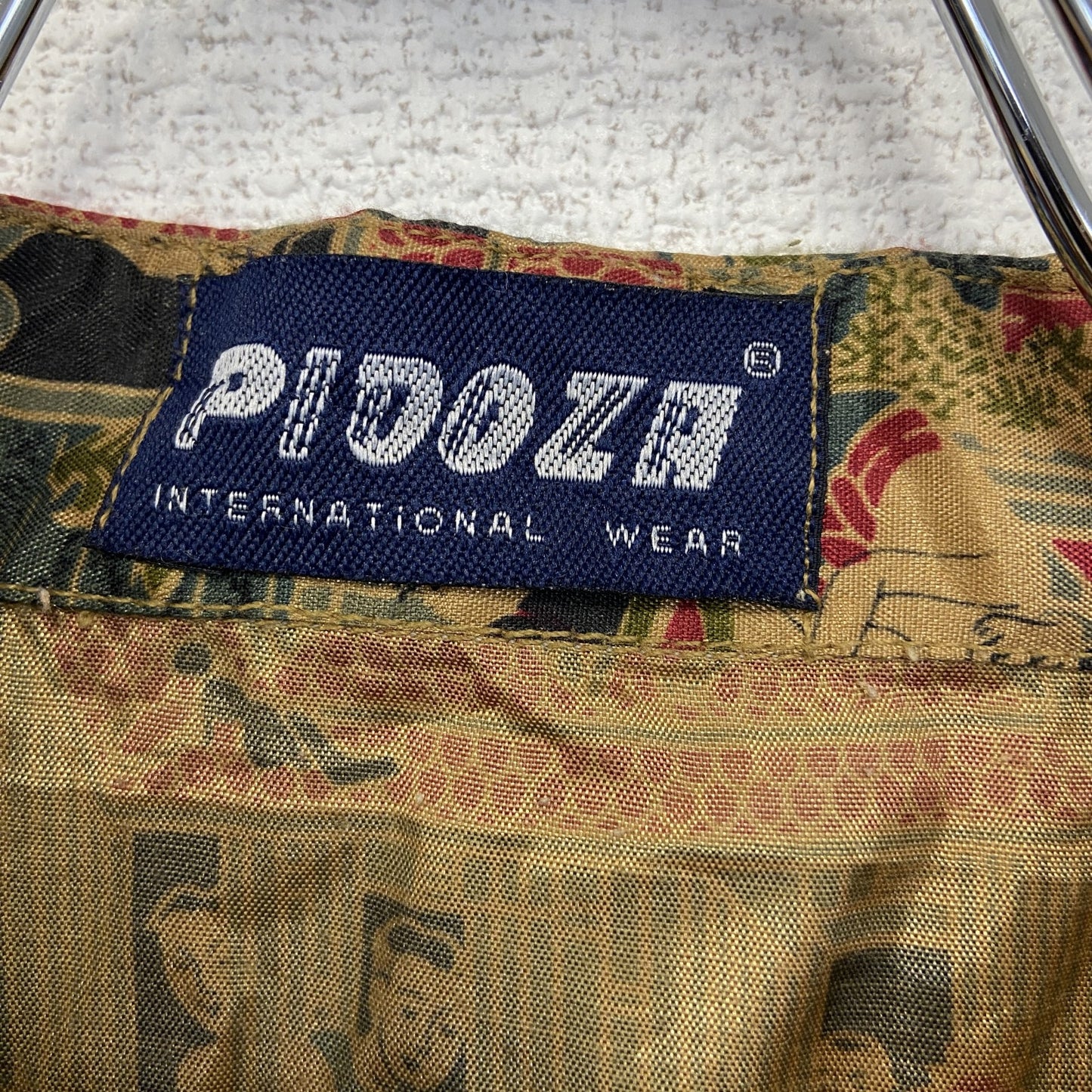 古着 used PIDOZA ピドザ 半袖プリント総柄シャツ レトロデザイン 江戸 歴史 街並み 光沢感 胸ポケット Lサイズ