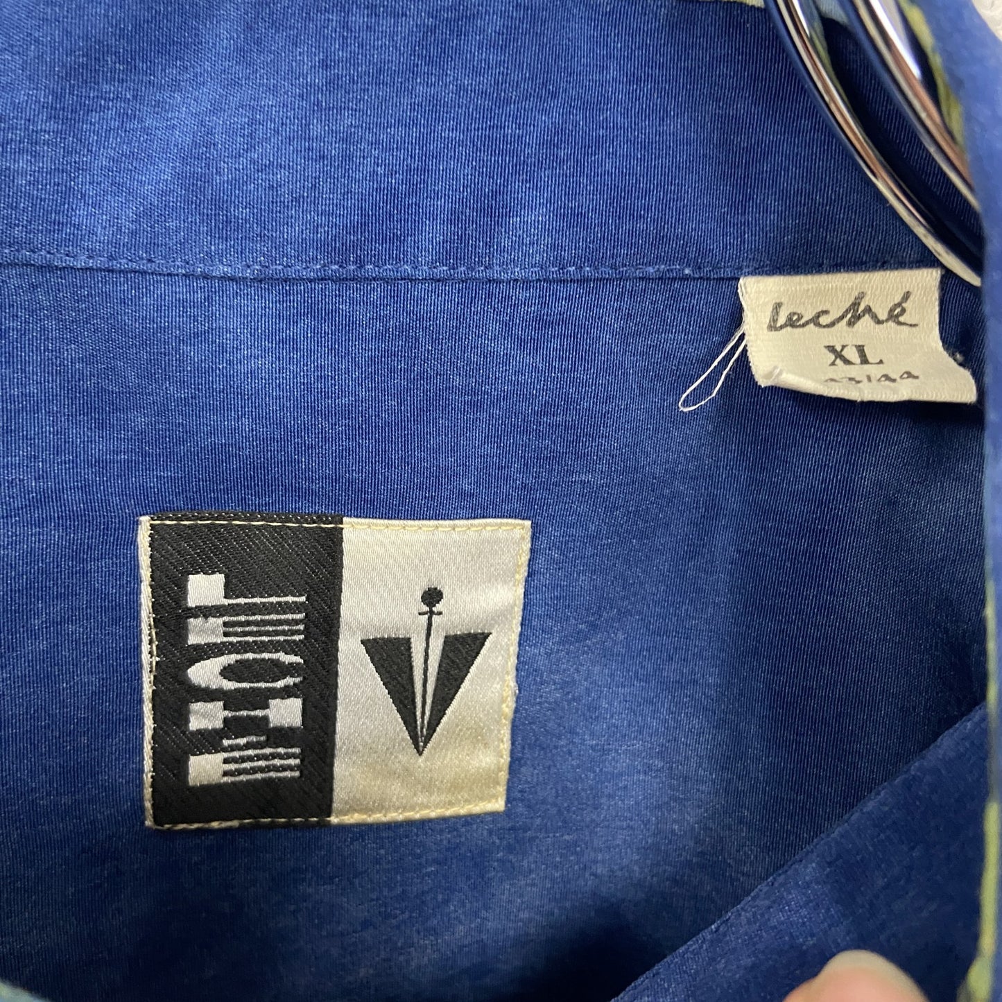 古着 used LECHE レーチェ 半袖デザインシャツ 個性的 カジュアル 花柄 スタンドカラー レトロ 青 XLサイズ