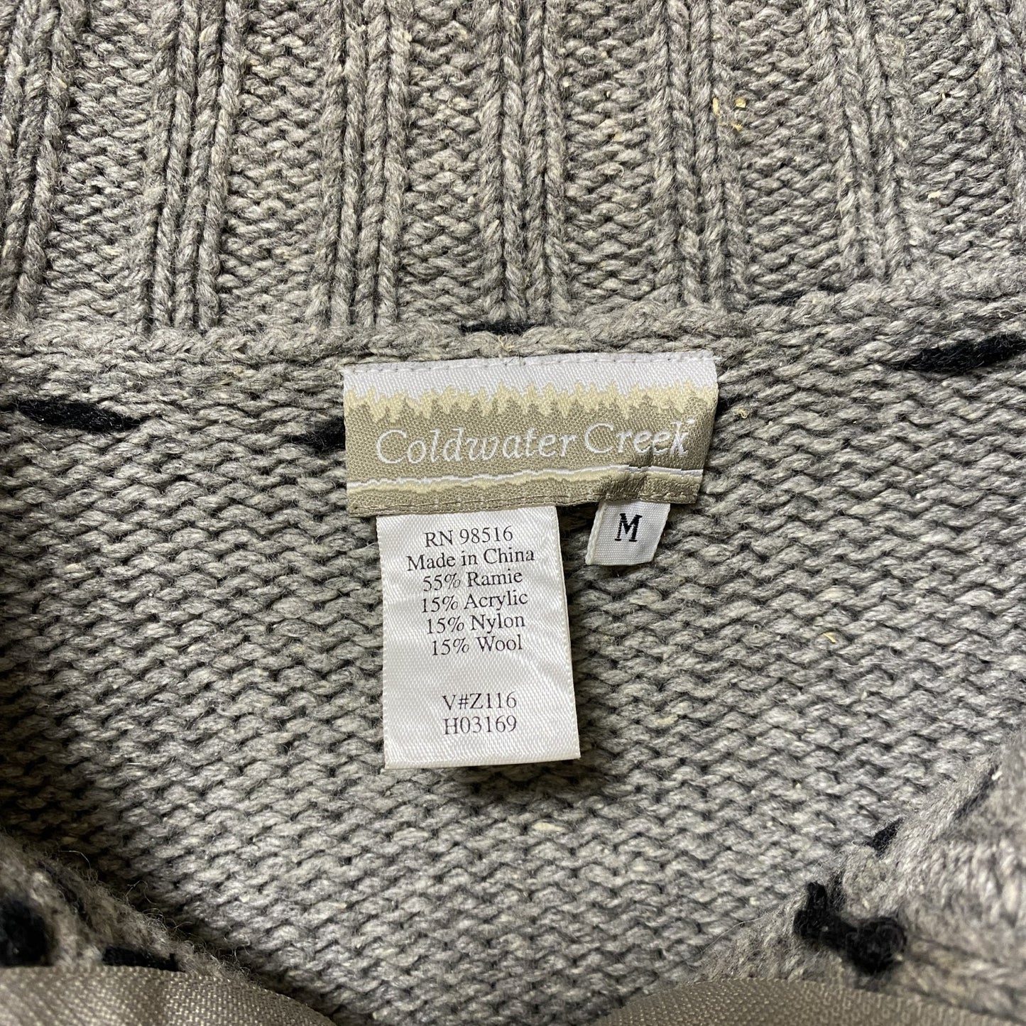 古着 used 長袖ハーフジップニット セーター パッチワーク エルボーパッチ アニマル柄 グレー 個性的 ラムウール Mサイズ