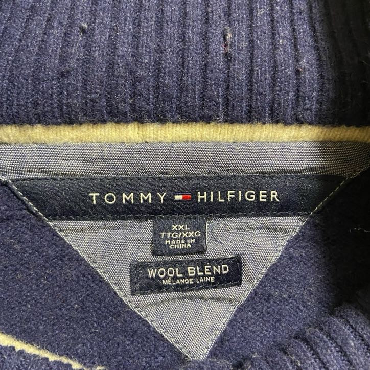 古着 used TOMMYHILFIGER 長袖ハーフボタンニット セーター ネイビー 秋冬服 ビッグシルエット XXLサイズ