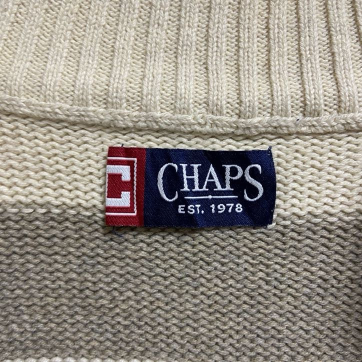 古着 used CHAPS チャップス 長袖ハーフジップボーダー柄ニット セーター ワンポイント刺繍 白 ホワイト XLサイズ