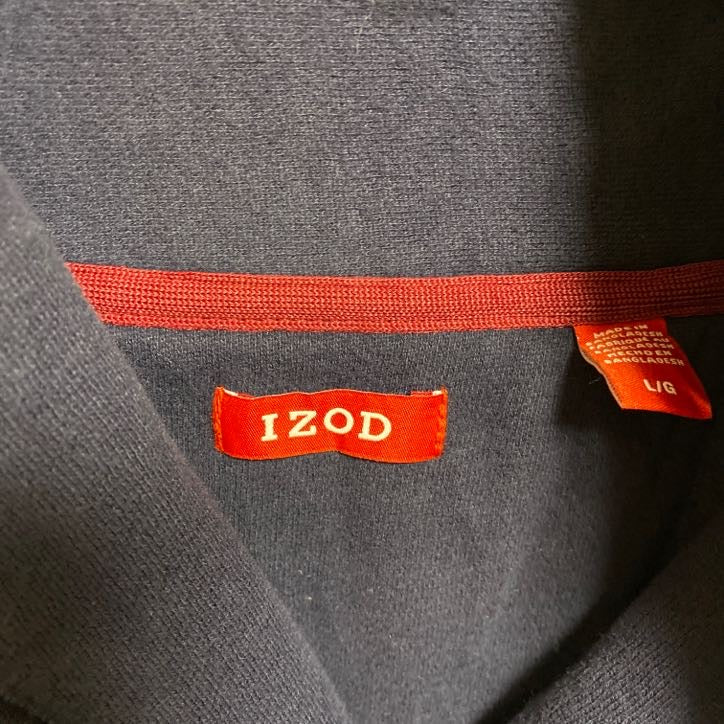 古着 used IZOD 長袖スウェット トレーナー ショールカラー ダブルカラー ロゴ刺繍 ネイビー 紺 秋冬服 Lサイズ