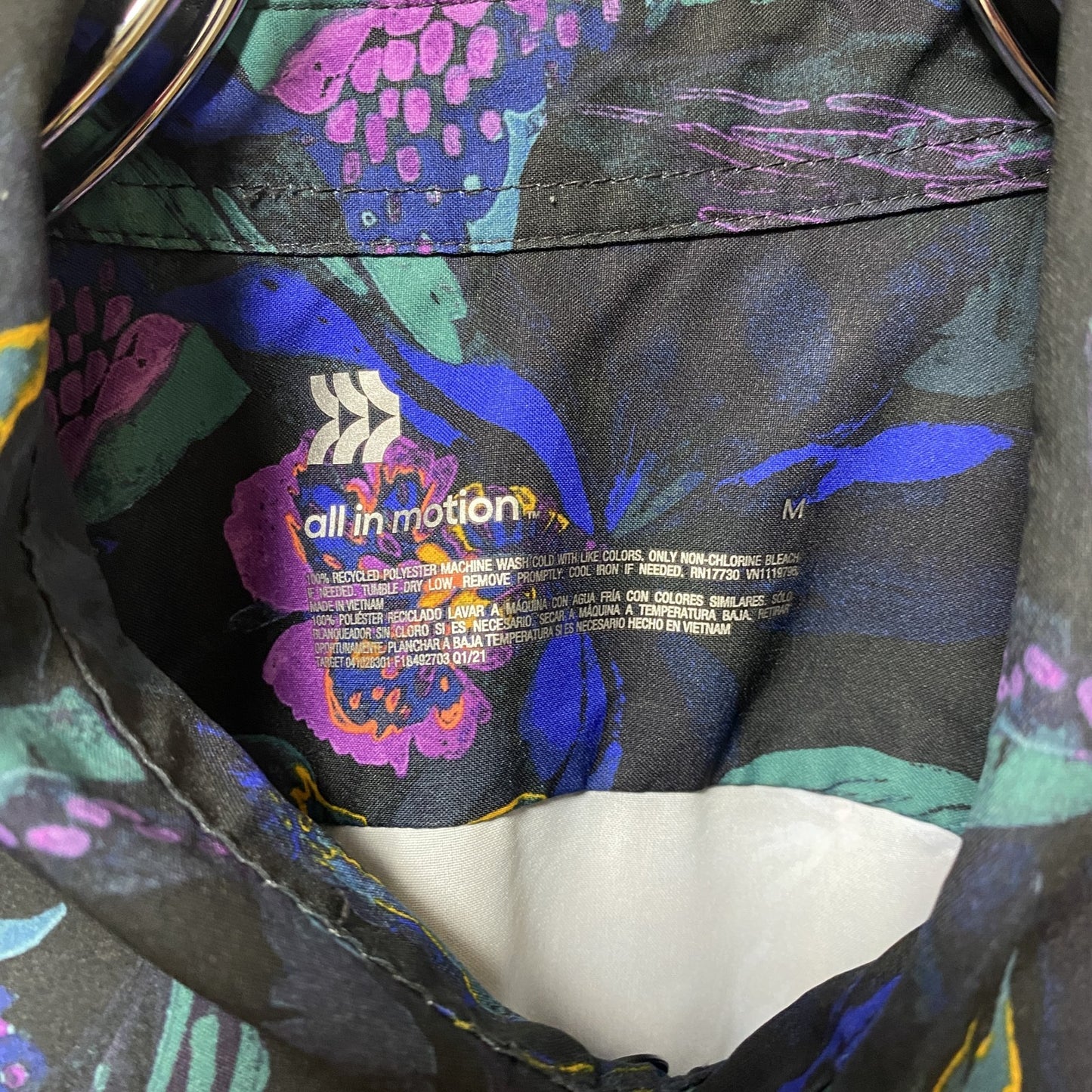 古着 used all in motion 半袖総柄シャツ 花柄 リーフ柄 黒 ブラック 個性的 レトロデザイン Mサイズ