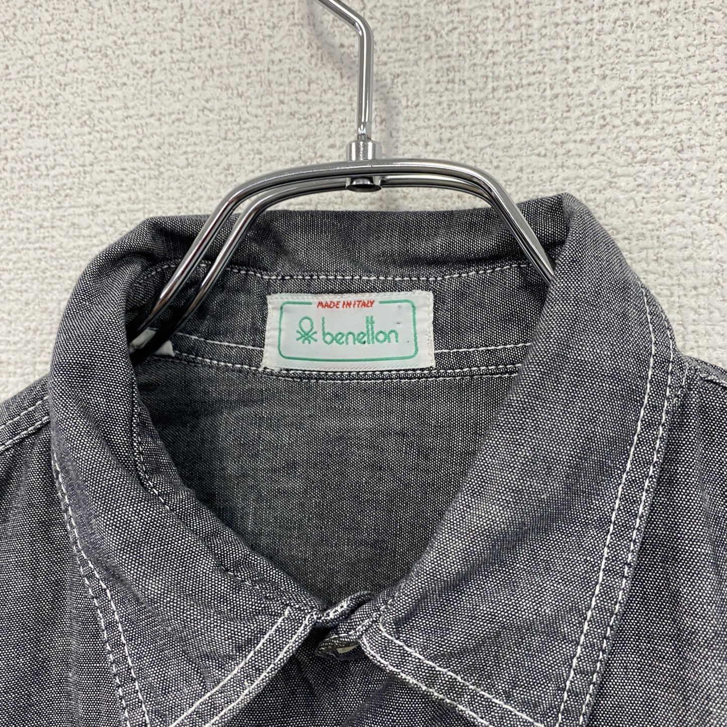 90s BENETTON ベネトン 長袖シャンブレーシャツ ジップポケット 2つポケット ヴィンテージ 灰色 グレー Sサイズ