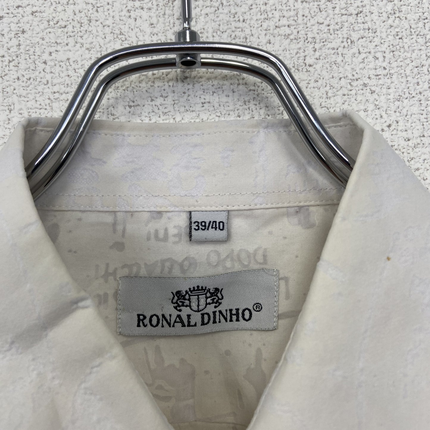 古着 used RONAL DINHO ランダムプリント カジュアル半袖シャツ ホワイト 白 レトロデザイン Lサイズ