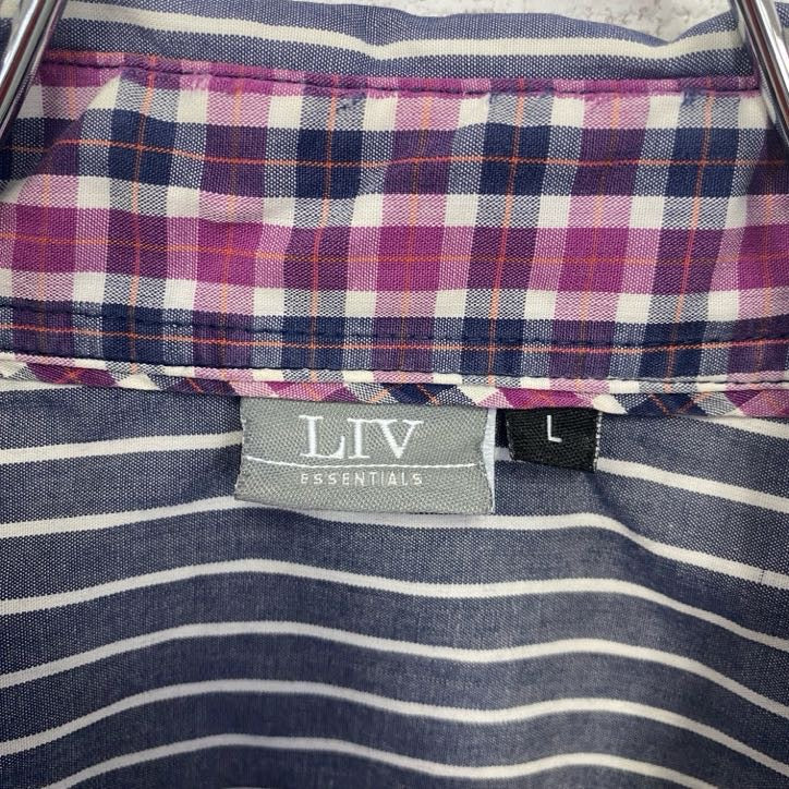 古着 used LIV ESSENTIALS 長袖シャツ ストライプ柄 グレー 白 ホワイト レトロデザイン Lサイズ