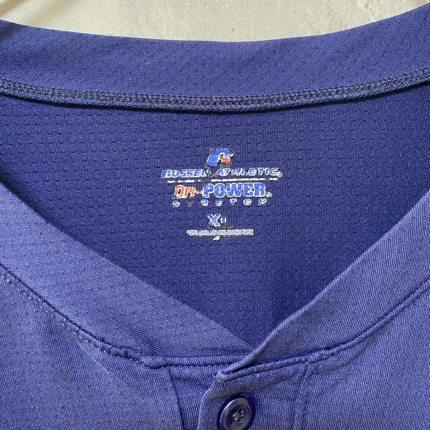 古着 used RUSSELL ラッセル 半袖ベースボールシャツ カレッジシャツ ネイビー 刺繍 ビッグシルエット XLサイズ