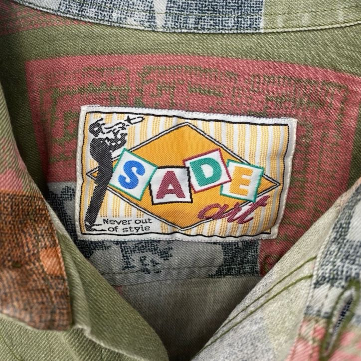 古着 used SADEcut 長袖プリント柄シャツ レトロデザイン 胸ポケット カジュアル グリーン カーキ
