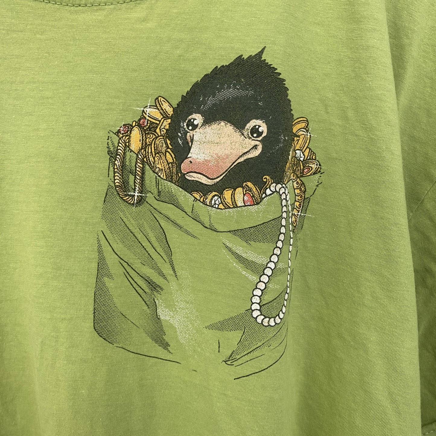 古着 used 半袖アニマルプリントTシャツ カモノハシ 黄緑 ライトグリーン クルーネック レトロデザイン