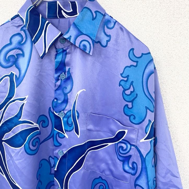 古着 used 半袖総柄シャツ 胸ポケット 和柄 和雲 雲煙模様 レトロデザイン 青 ブルー ディープカラー