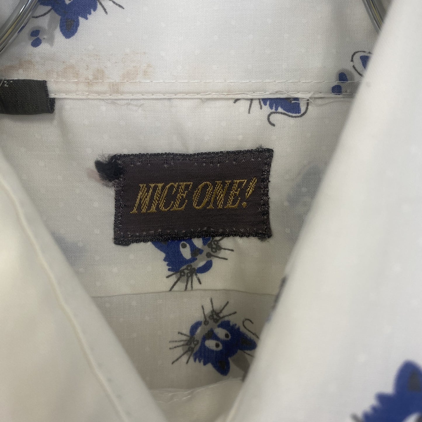 古着 used NICE ONE 長袖プリント総柄シャツ レトロデザイン アニマル 猫 ネズミ 白 ホワイト