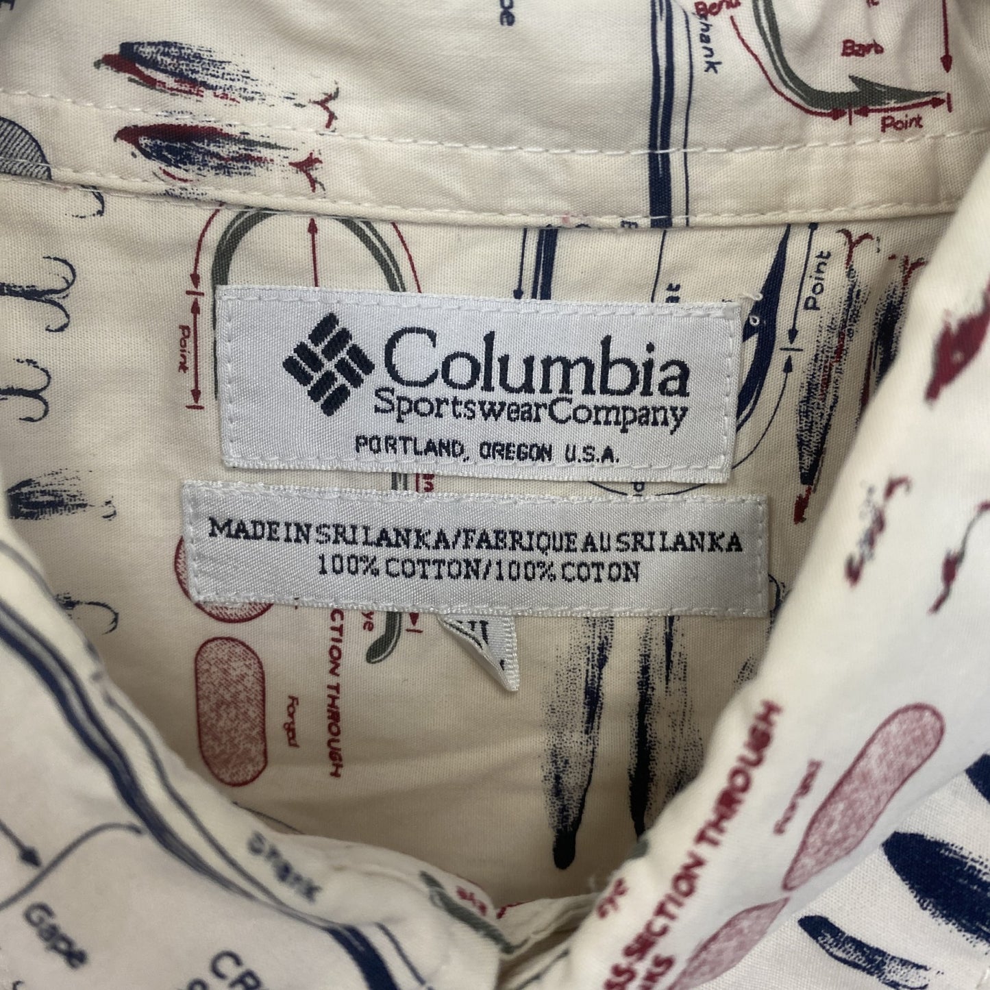 Columbia コロンビア 半袖プリント総柄シャツ 幾何学模様 胸ポケット 釣り ルアー 個性派 アイボリー