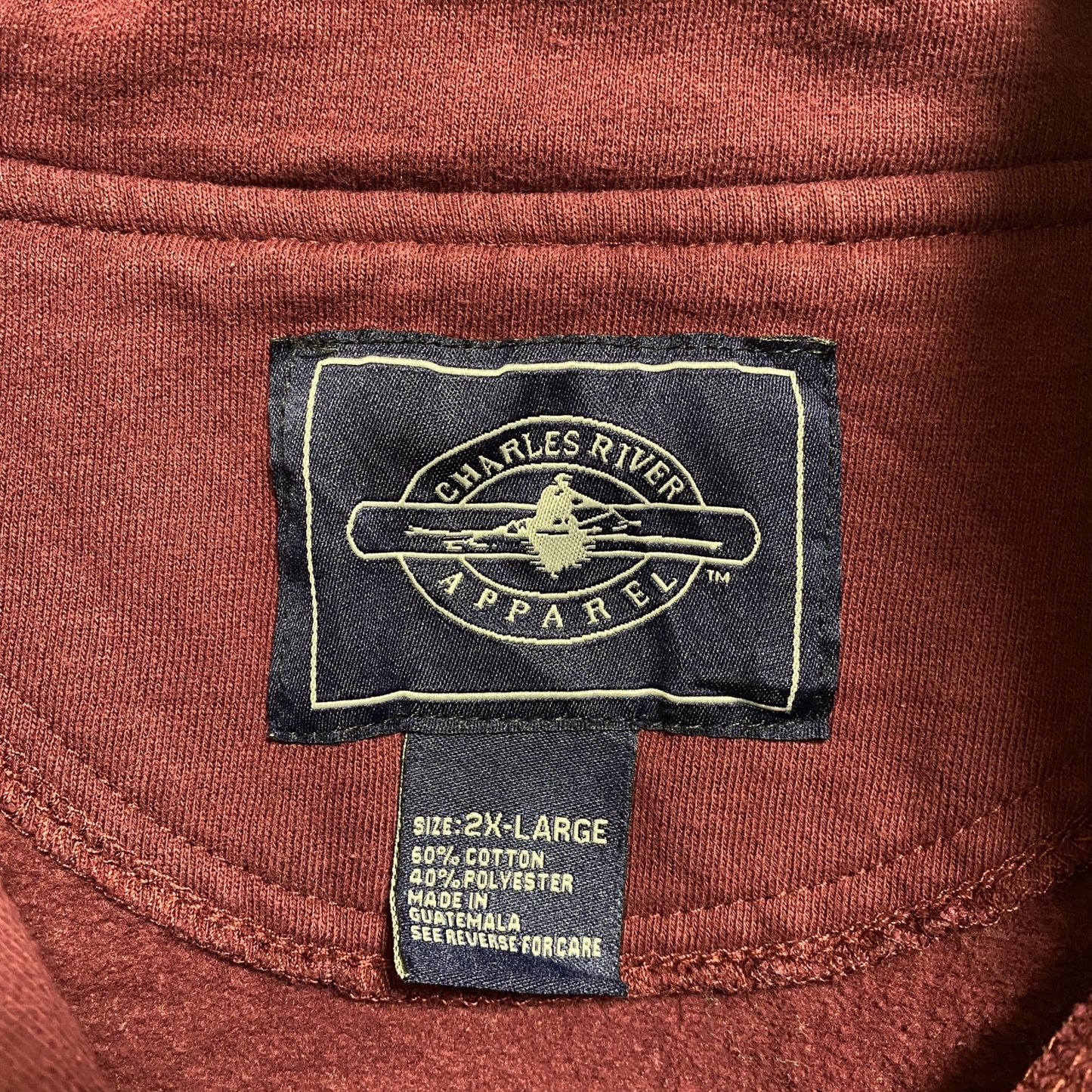 古着 used 長袖ハーフジップスウェット トレーナー ワンポイント刺繍 ワインレッド レトロデザイン 2XLサイズ