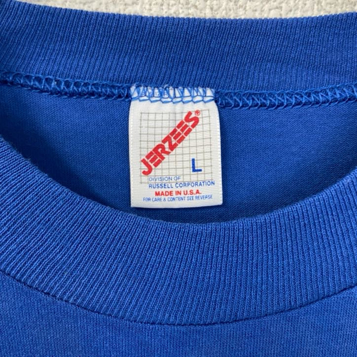 古着 used JERZEES 半袖プリントTシャツ 90s シングルステッチ クルーネック レトロデザイン 青 ブルー Lサイズ