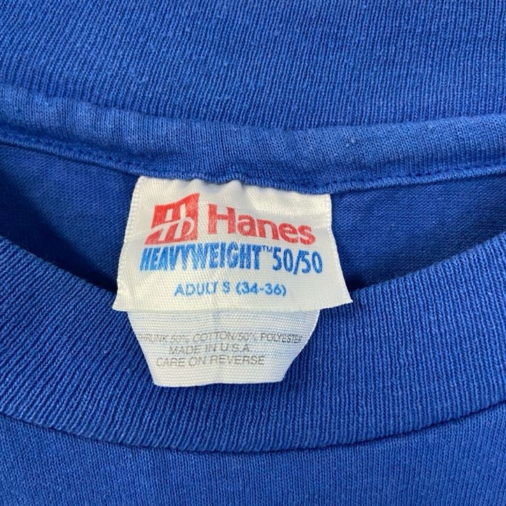 古着 used Hanes 半袖プリントTシャツ 90s シングルステッチ クルーネック レトロデザイン 青 ブルー Lサイズ