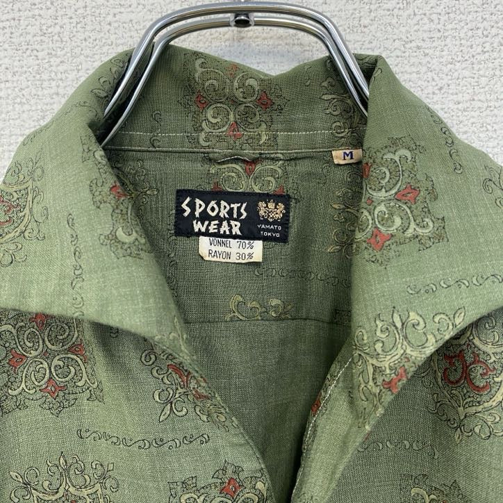 古着 used 半袖総柄シャツ 胸ポケット 個性的 幾何学模様 深緑色 ディープグリーン レトロデザイン Mサイズ