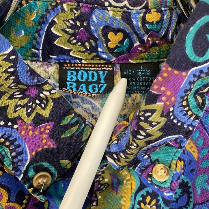 古着 used 長袖プリント総柄シャツ レトロデザイン 胸ポケット アート カラフル 紫 パープル ペイズリー Lサイズ