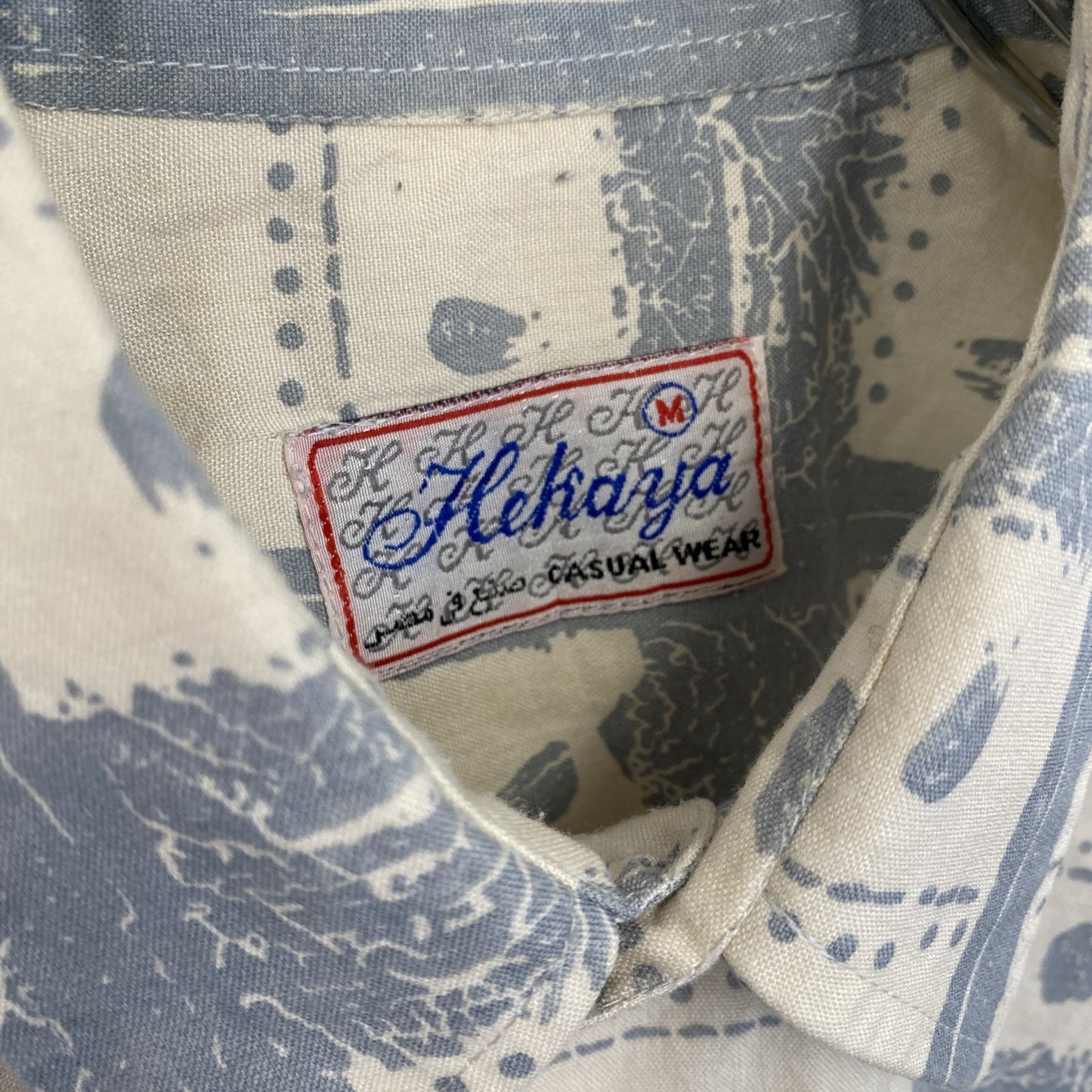古着 used 半袖プリント総柄シャツ 胸ポケット ブルー レトロデザイン アロハ ハワイアン リゾート Mサイズ