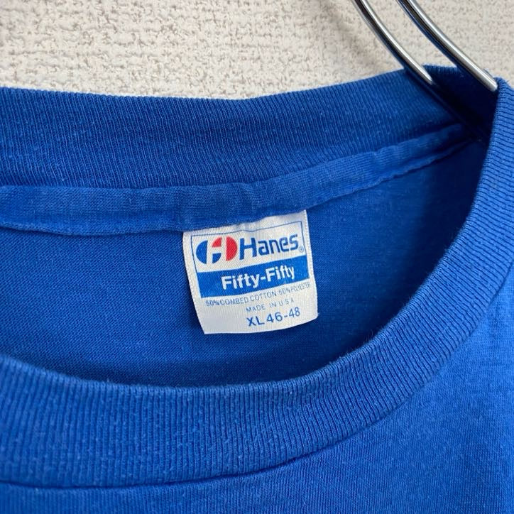 古着 used Hanes ヘインズ 半袖バックプリントTシャツ ブルー シングルステッチ クルーネック XLサイズ