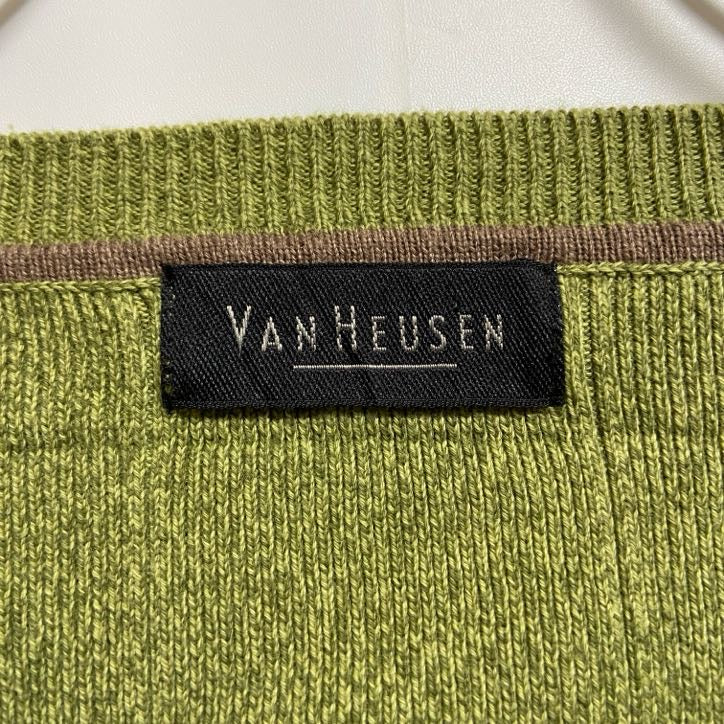 VAN HEUSEN Vネック薄手ニット セーター ブロック柄 黄緑 ライトグリーン レトロデザイン XLサイズ