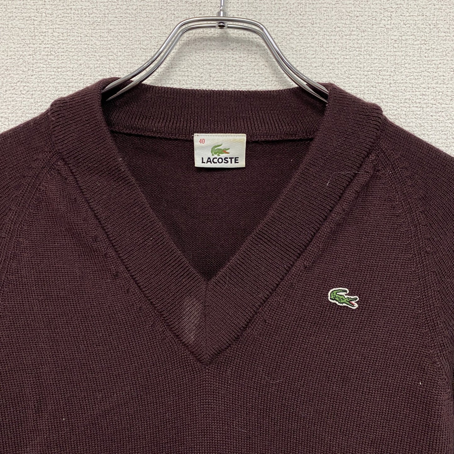 LACOSTE ラコステ ウールニットセーター Vネック 刺繍ロゴ ラグランスリーブ ボルドー 40サイズ